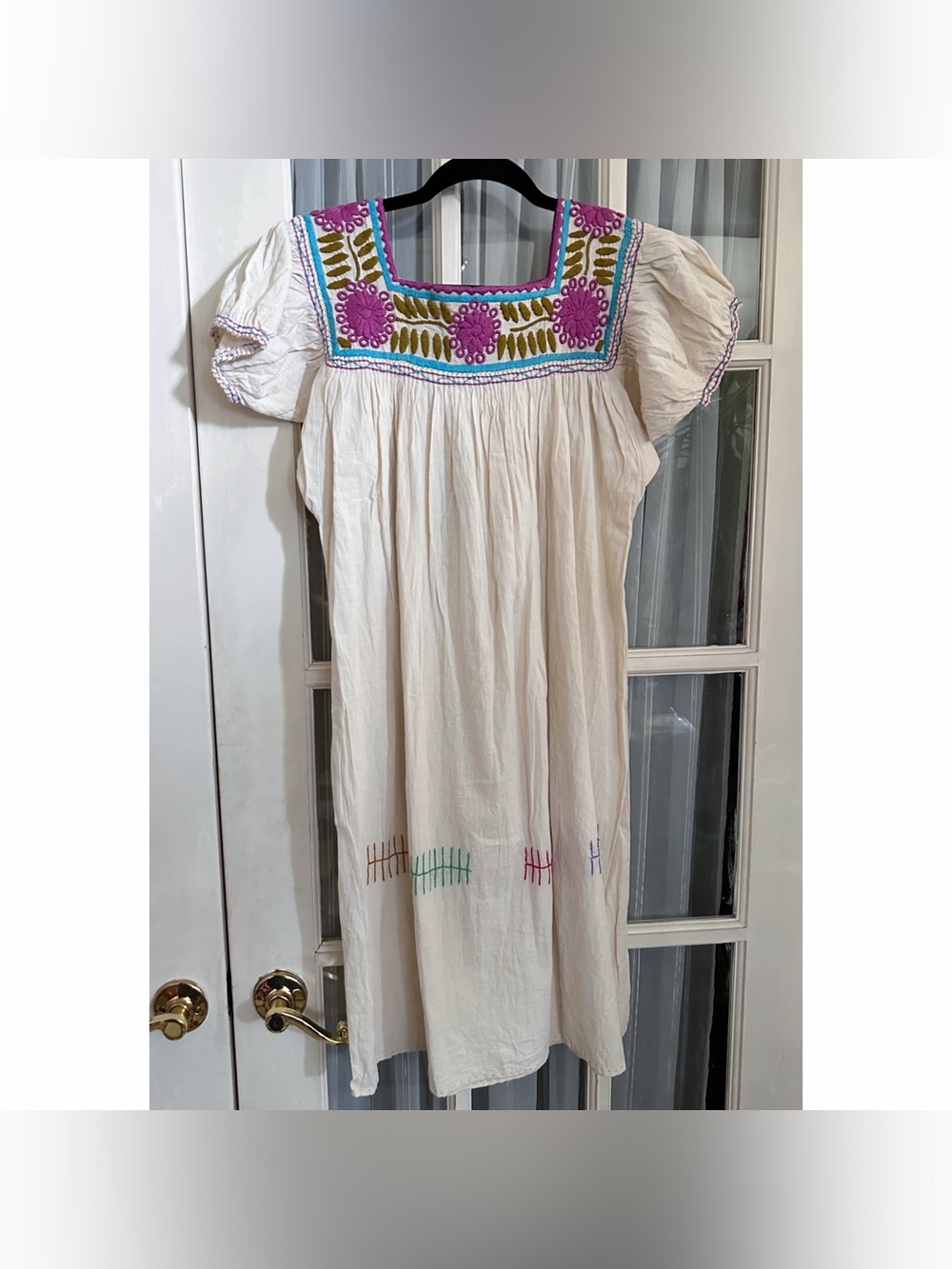 Embroidered Cream Mexican Peasant Dress with Pink & Green Accents
